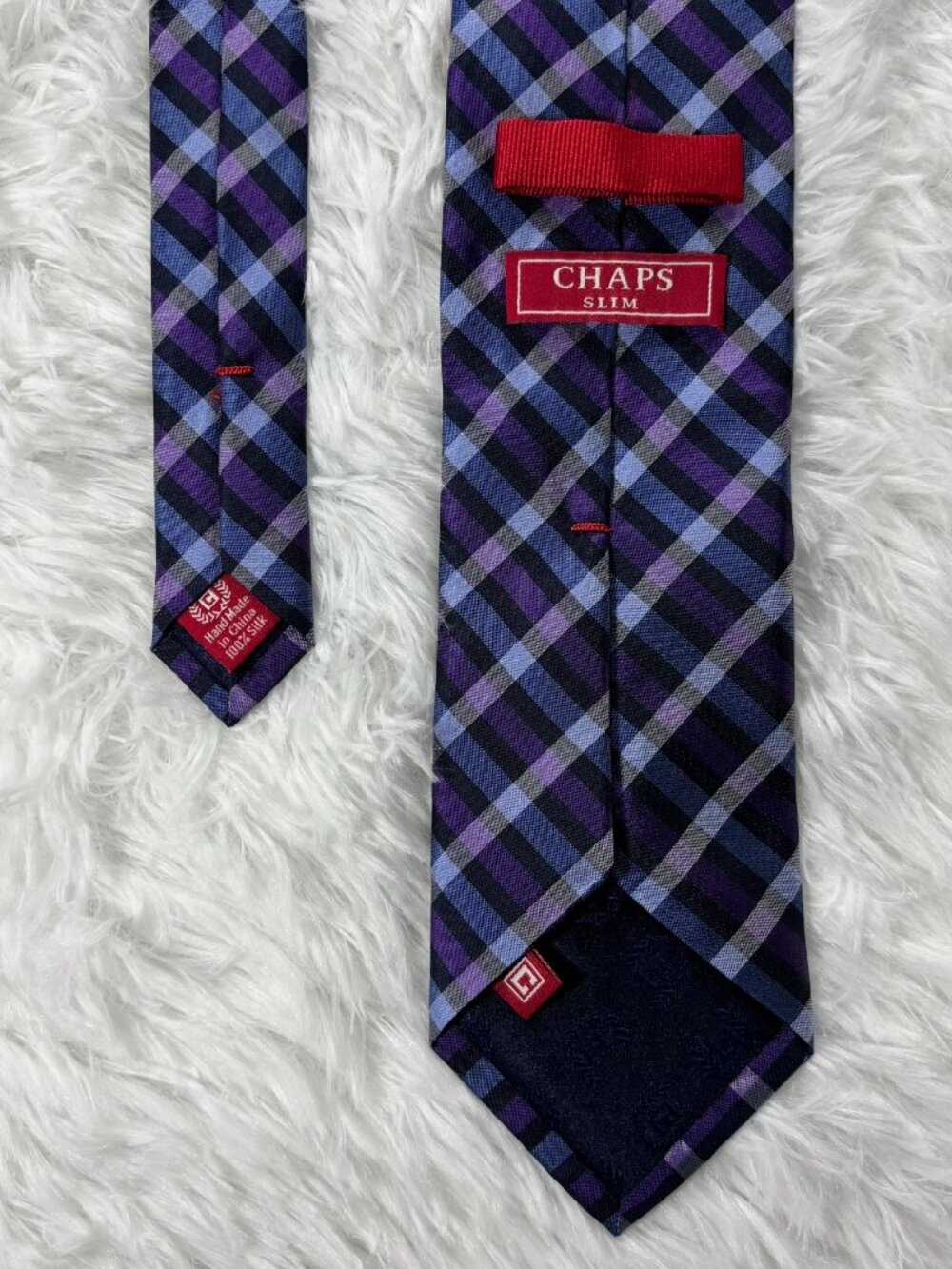 Chaps Slim Purple Indigo Blue Plaid Check 100% Silk Hand Made Tie 3x56.5